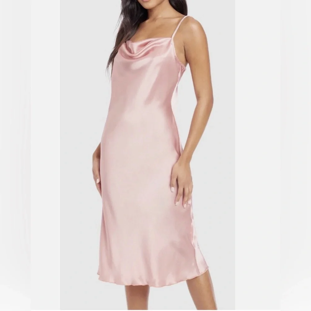 Bebe Cowl Neck NWT Leopard Pink Satin Dress - Picture 2 of 9